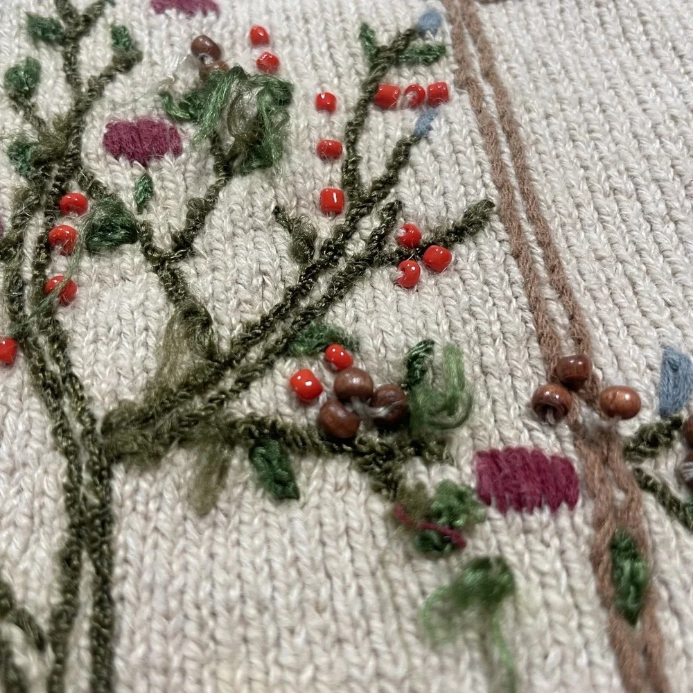 Vintage Embroidered Knit Cardigan Women's Size XL Beige Shawl Neck Cottagecore - Picture 9 of 12